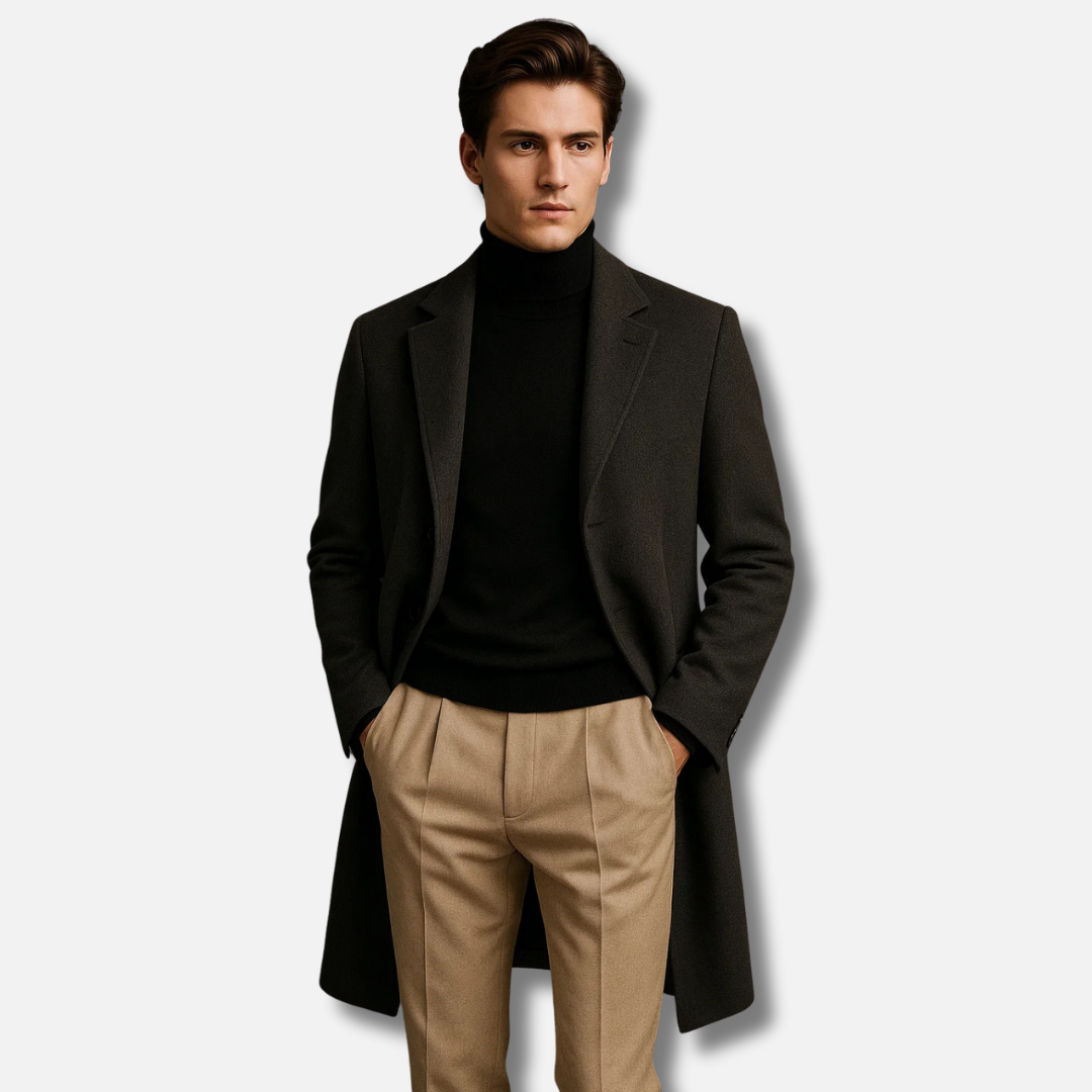 Bellanoa | Men’s Solid Notch Lapel Single-Breasted Mid-Length Coat