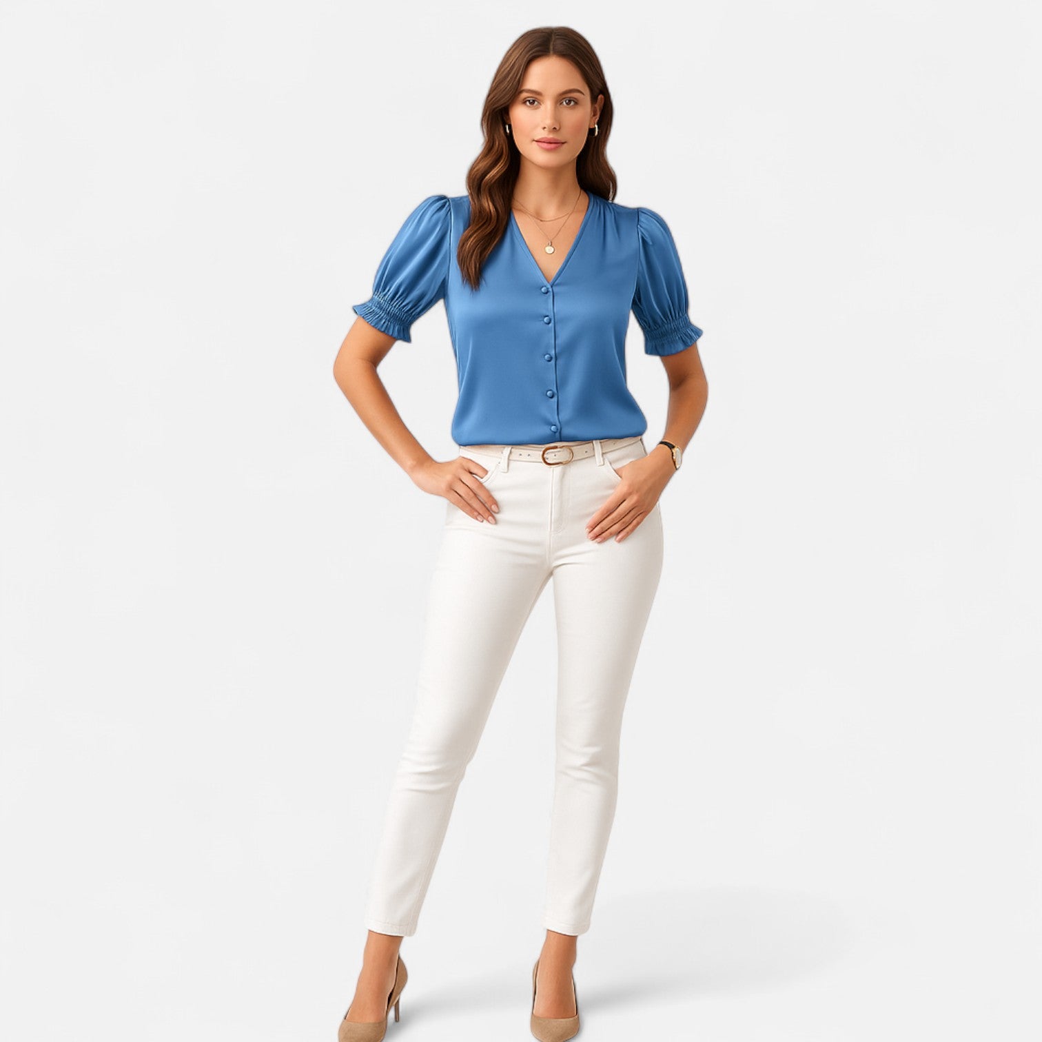 Bellanoa | Women’s Satin Blouse with Ruffled Sleeves & Button Front