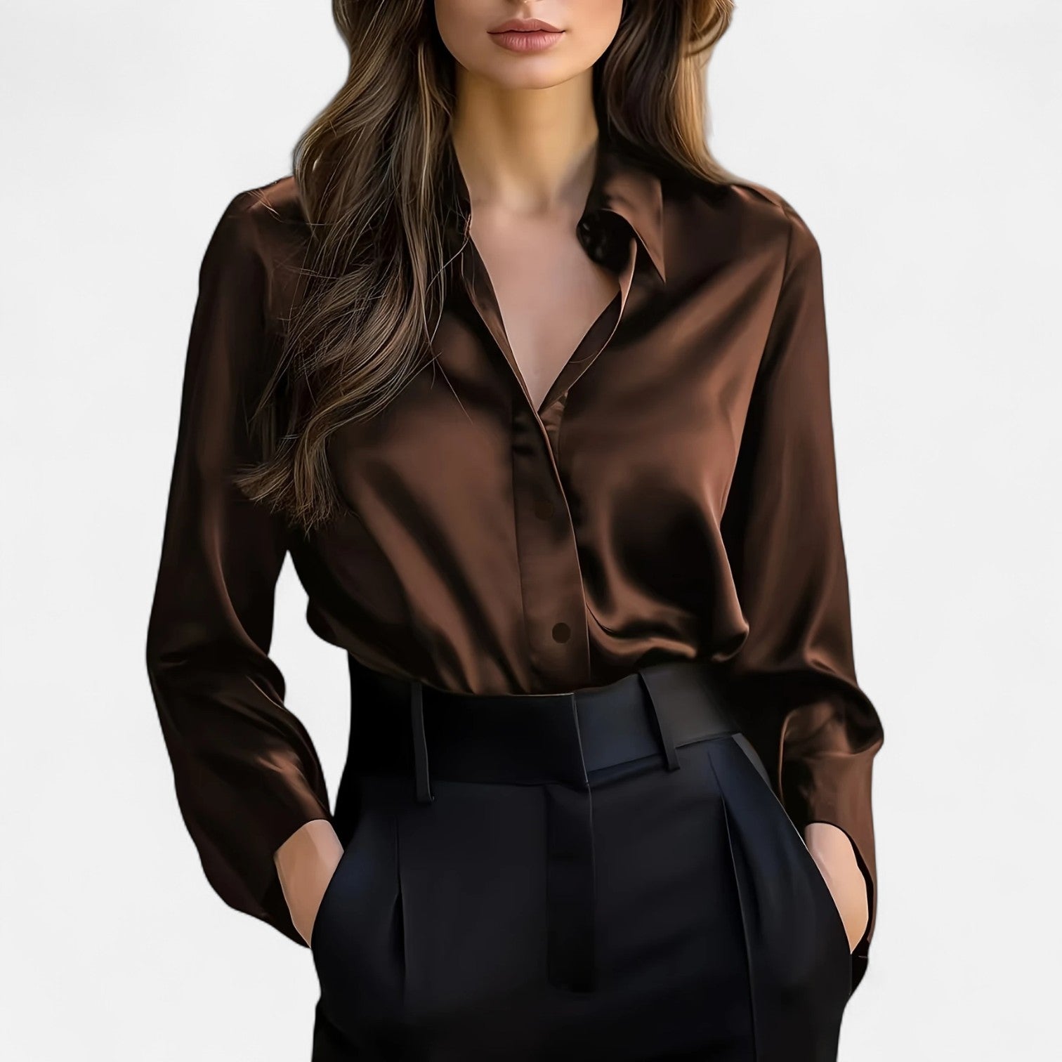 Bellanoa | Women’s Long Sleeve Blouse in Polished Satin Finish