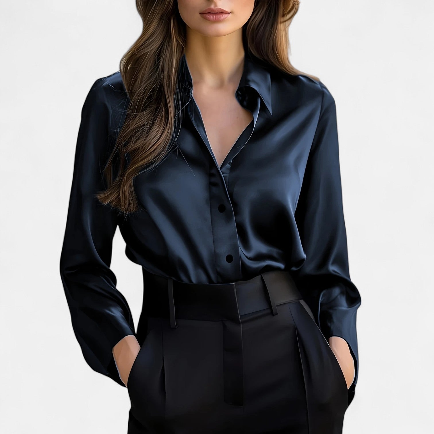 Bellanoa | Women’s Long Sleeve Blouse in Polished Satin Finish