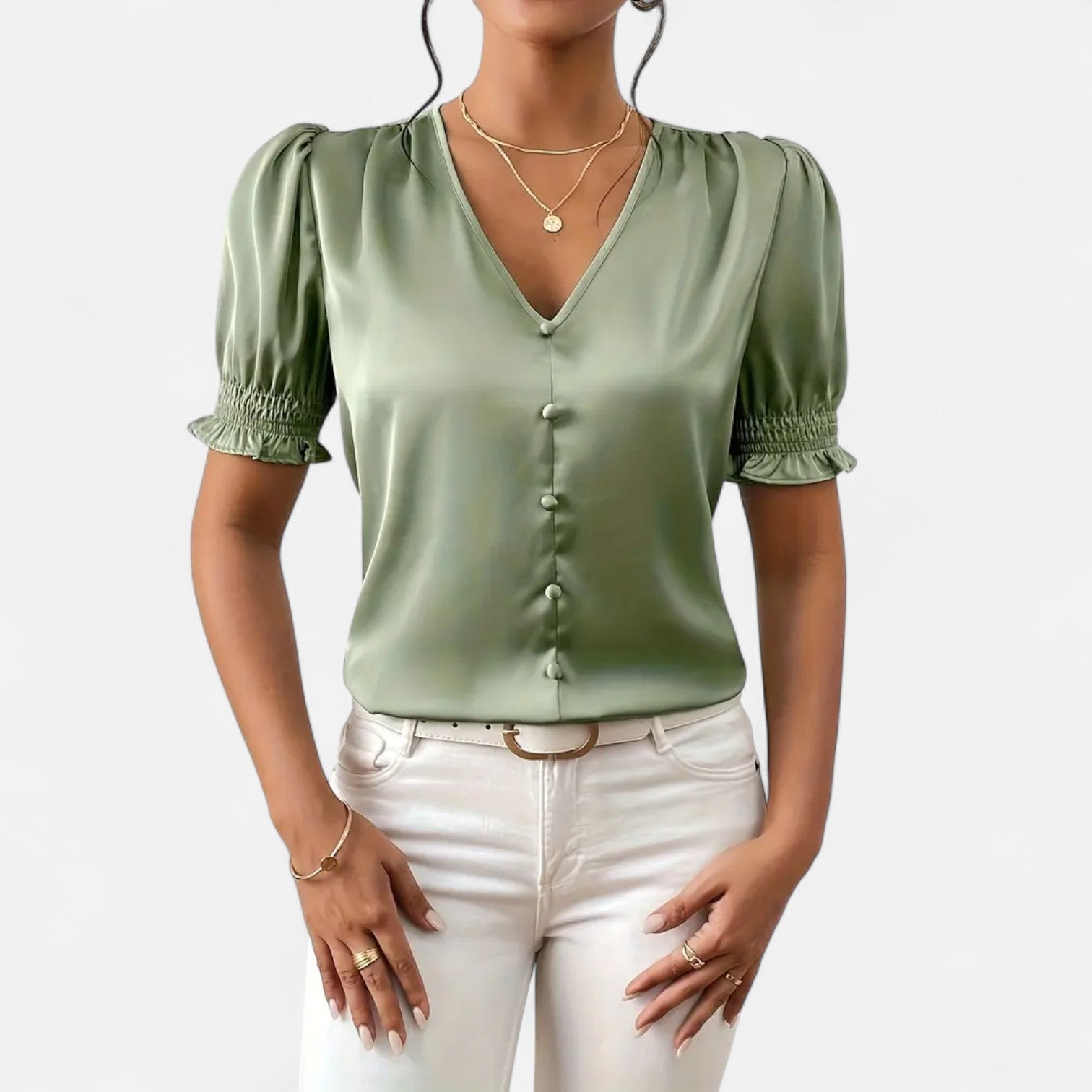 Bellanoa | Women’s Satin Blouse with Ruffled Sleeves & Button Front