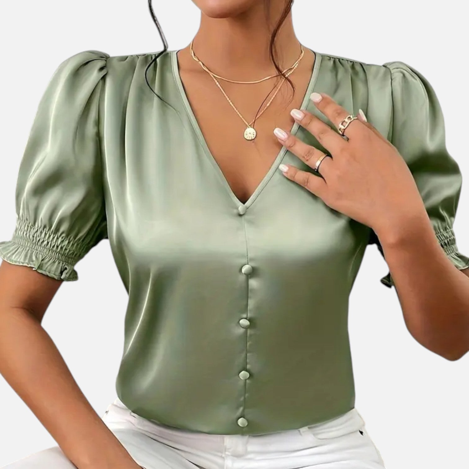 Bellanoa | Women’s Satin Blouse with Ruffled Sleeves & Button Front