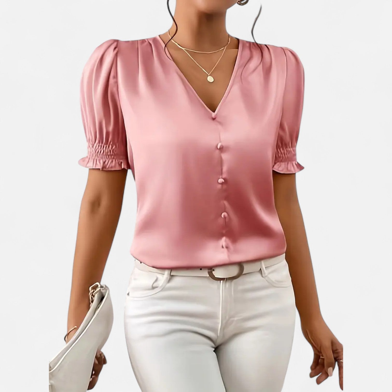 Bellanoa | Women’s Satin Blouse with Ruffled Sleeves & Button Front