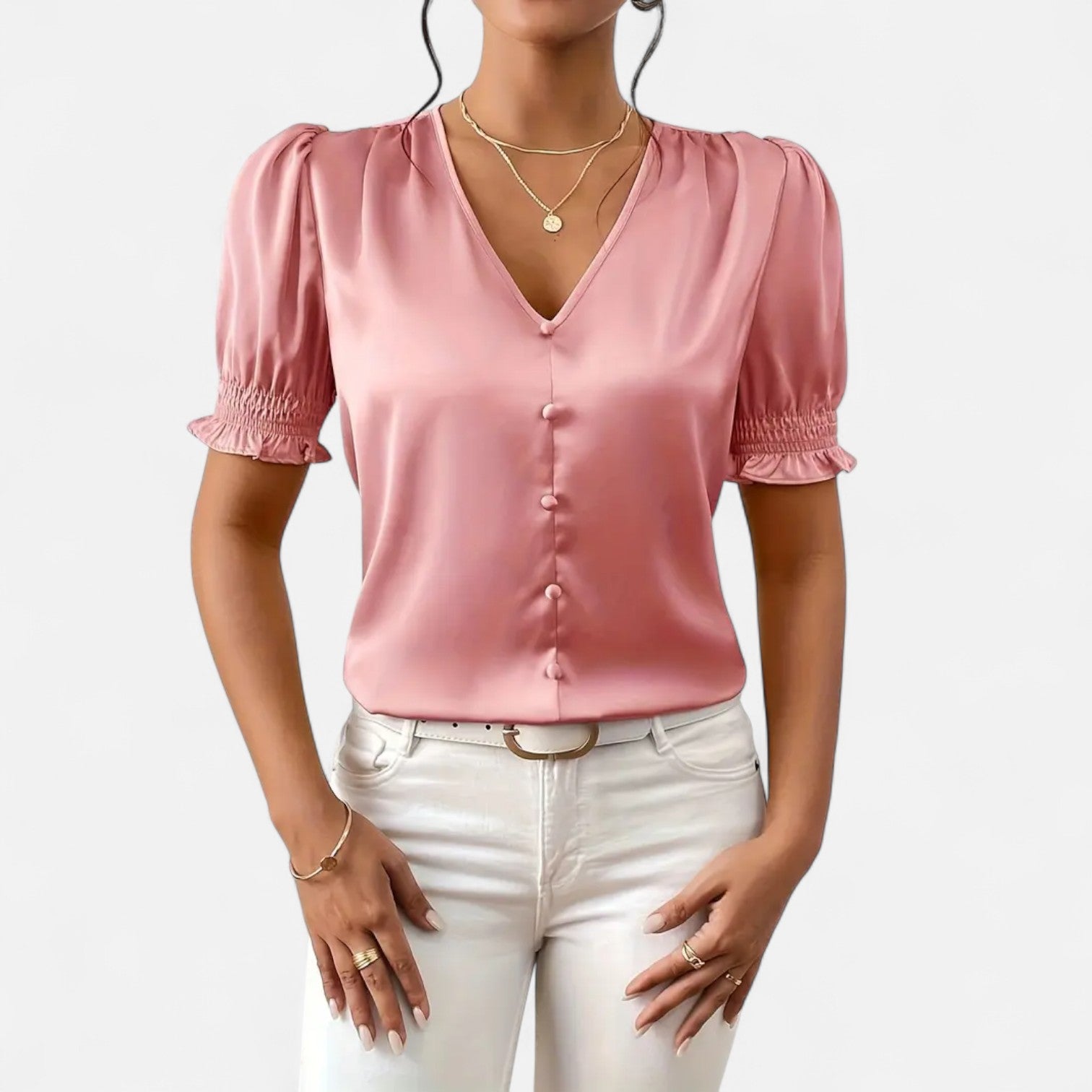 Bellanoa | Women’s Satin Blouse with Ruffled Sleeves & Button Front