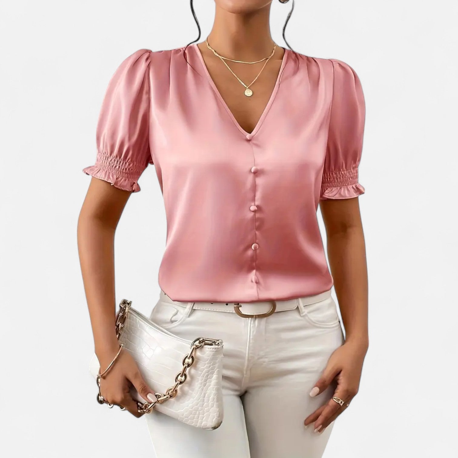 Bellanoa | Women’s Satin Blouse with Ruffled Sleeves & Button Front