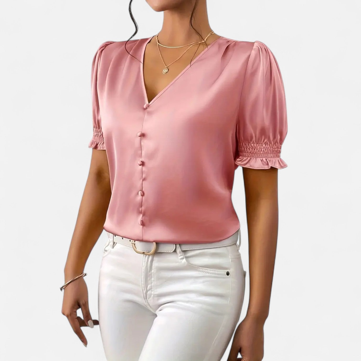 Bellanoa | Women’s Satin Blouse with Ruffled Sleeves & Button Front