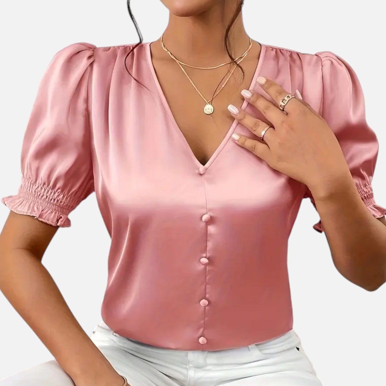 Bellanoa | Women’s Satin Blouse with Ruffled Sleeves & Button Front