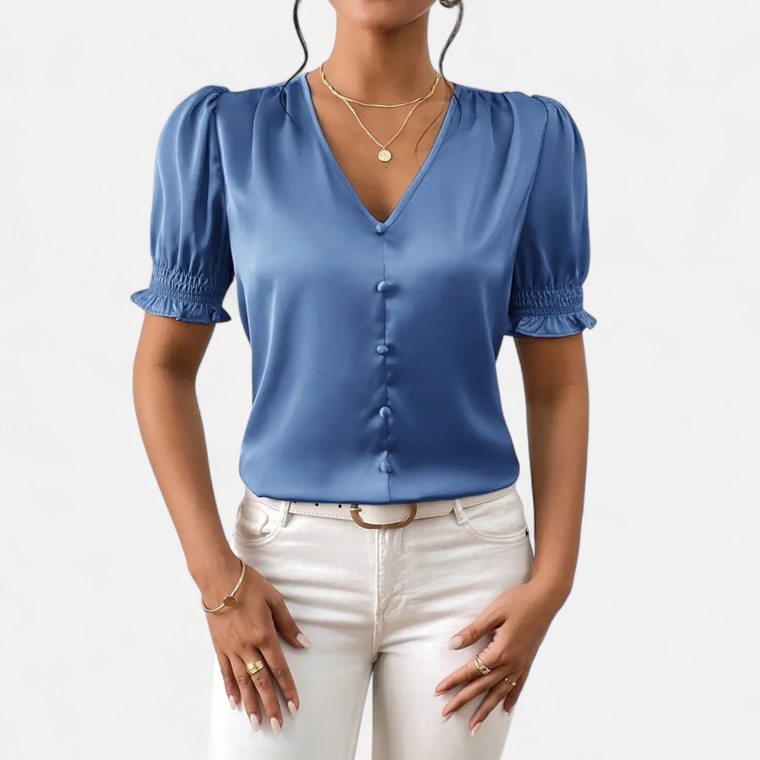 Bellanoa | Women’s Satin Blouse with Ruffled Sleeves & Button Front