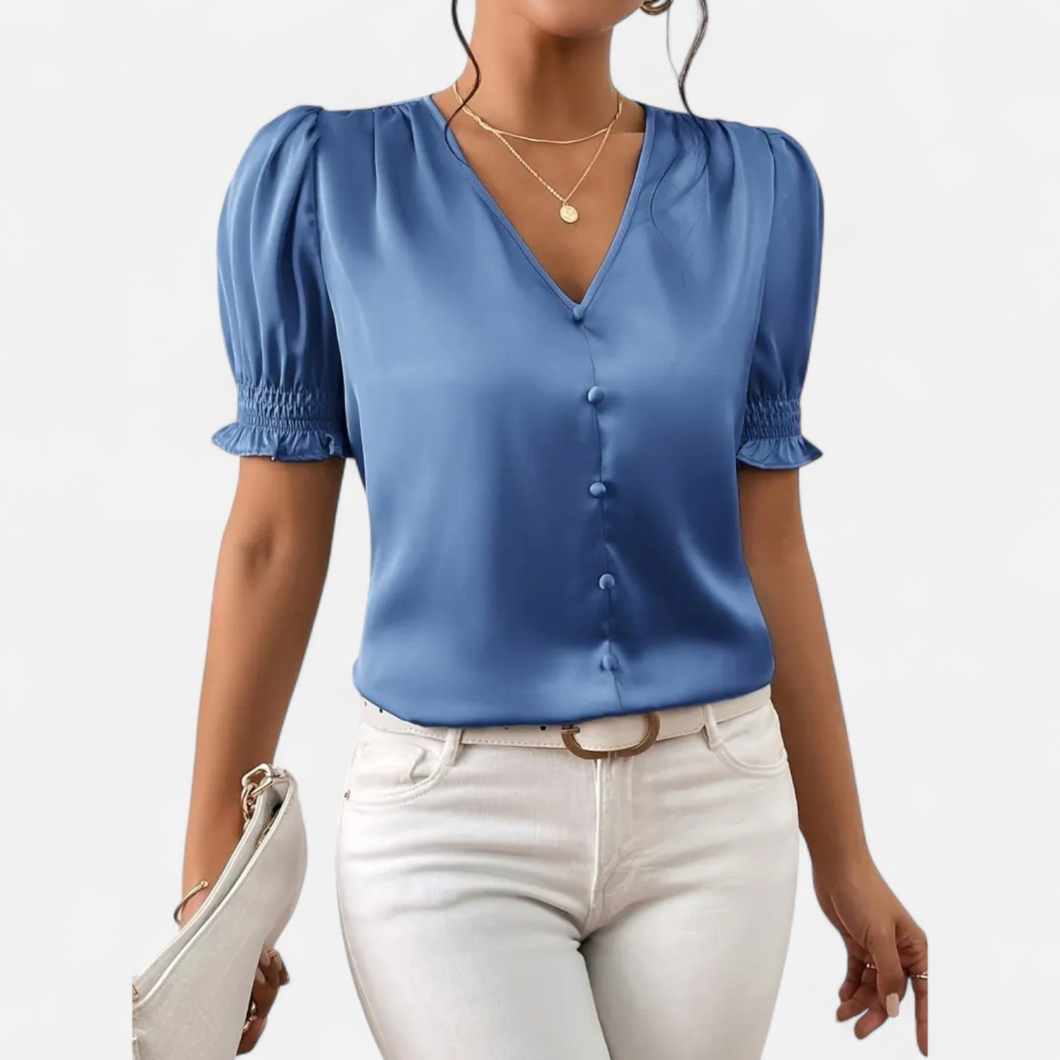 Bellanoa | Women’s Satin Blouse with Ruffled Sleeves & Button Front