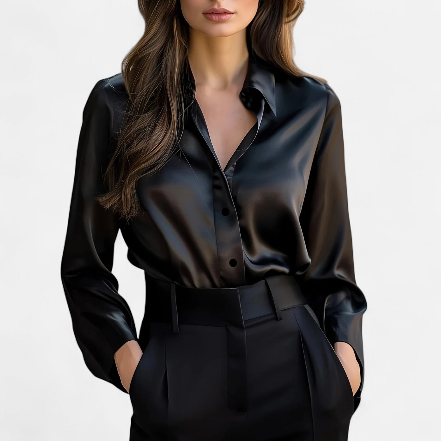Bellanoa | Women’s Long Sleeve Blouse in Polished Satin Finish