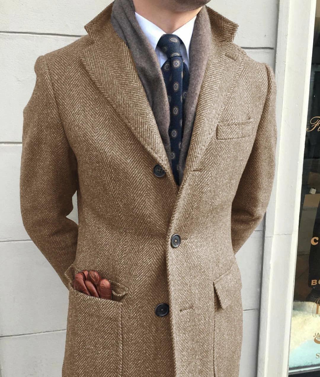 Travel-Ready Herringbone Tweed Coat